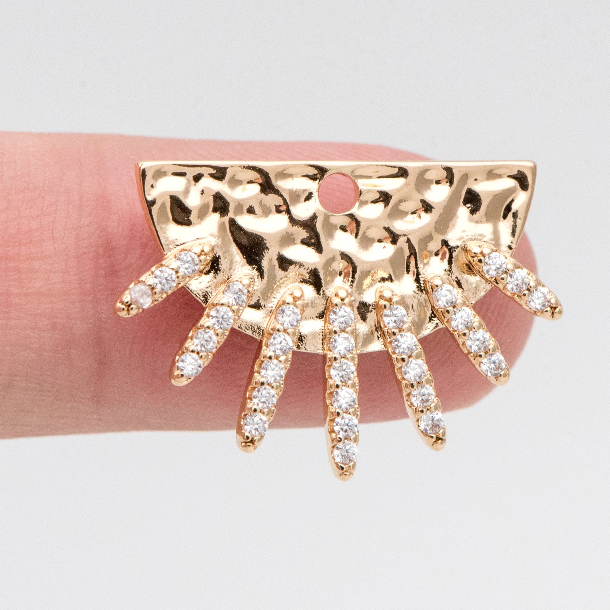 4pcs Gold CZ Hammered Half Round Charm 16.5x23.5mm, Sun Pendant, Jewelry Supply (GB-2259-H)