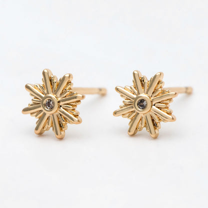 10pcs CZ Pave Gold Sun Ear Post, Real Gold Plated Brass Snowflake Stud Earrings (#GB-3041-M)