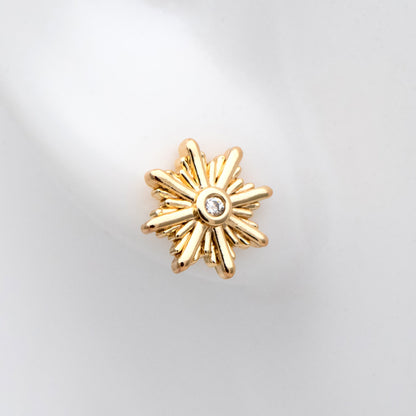 10pcs CZ Pave Gold Sun Ear Post, Real Gold Plated Brass Snowflake Stud Earrings (#GB-3041-M)