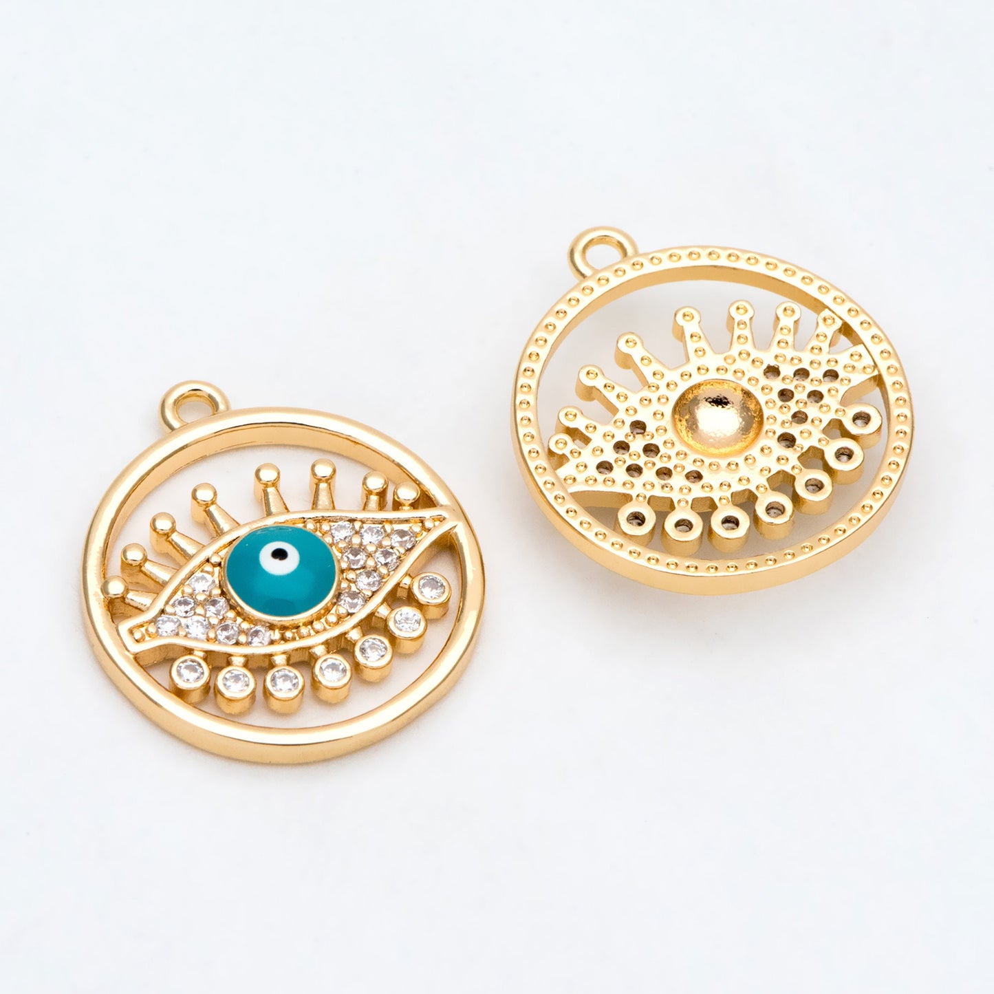 4pcs CZ Pave Evil Eye Round Charms, 18K Gold plated Brass, Enamel Eye Pendants (GB-4085-L)