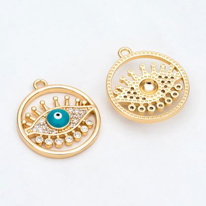 4pcs CZ Pave Evil Eye Round Charms, 18K Gold plated Brass, Enamel Eye Pendants (GB-4085-L)