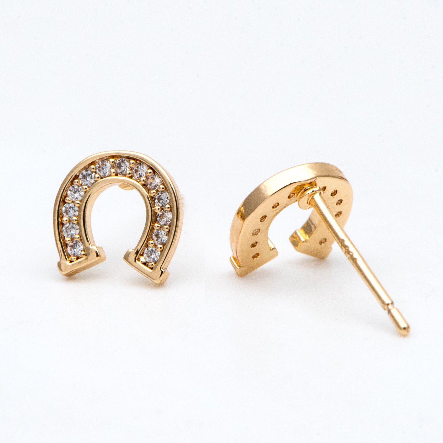 4pcs CZ Pave Horseshoe Ear Posts 8x8mm, Gold Plated Brass U Shaped Stud Earrings (#GB-3018)