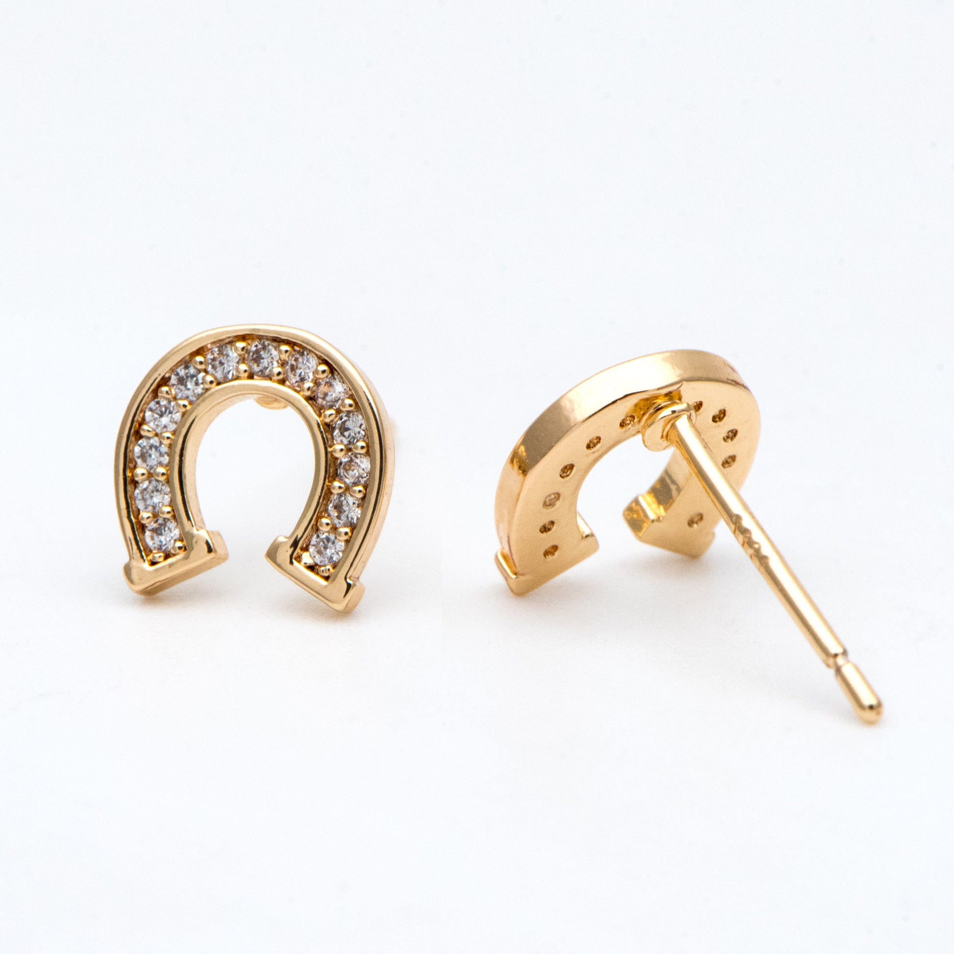 4pcs CZ Pave Horseshoe Ear Posts 8x8mm, Gold Plated Brass U Shaped Stud Earrings (#GB-3018)