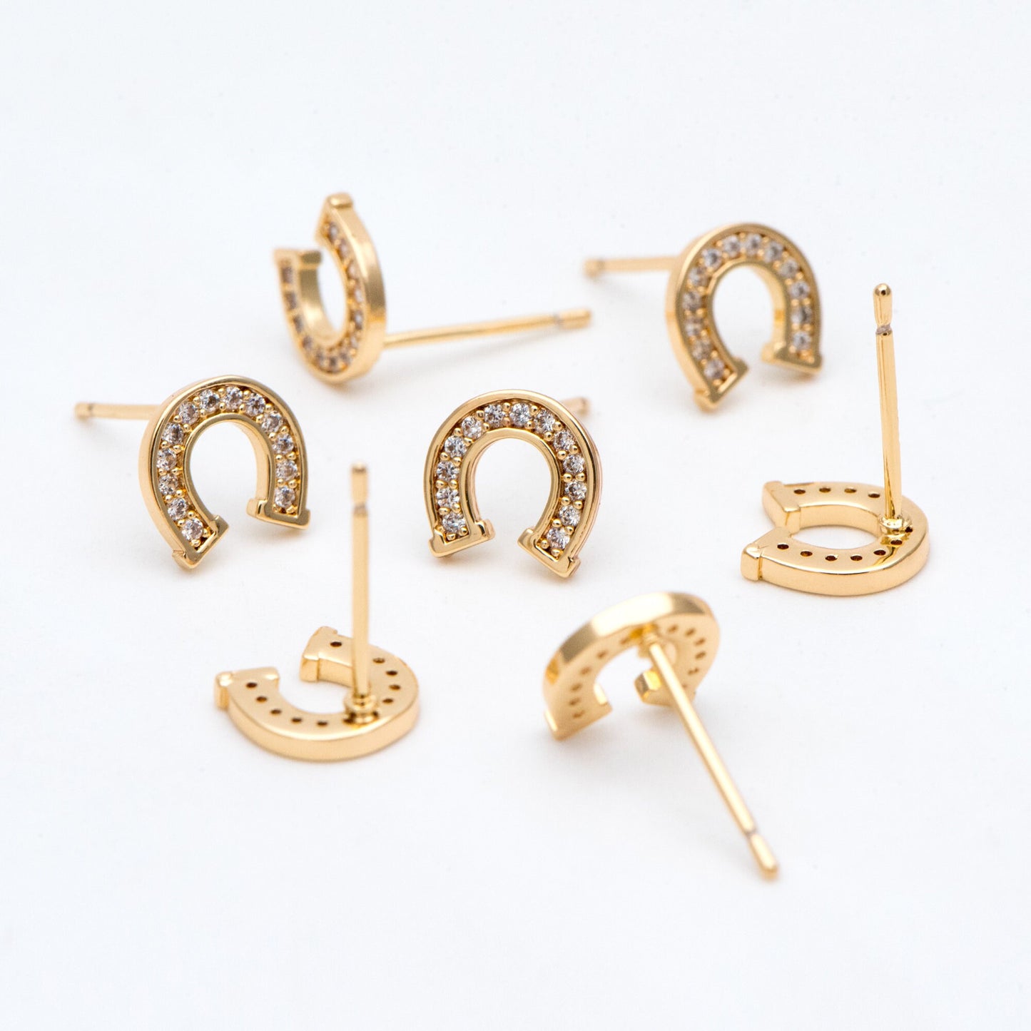 4pcs CZ Pave Horseshoe Ear Posts 8x8mm, Gold Plated Brass U Shaped Stud Earrings (#GB-3018)