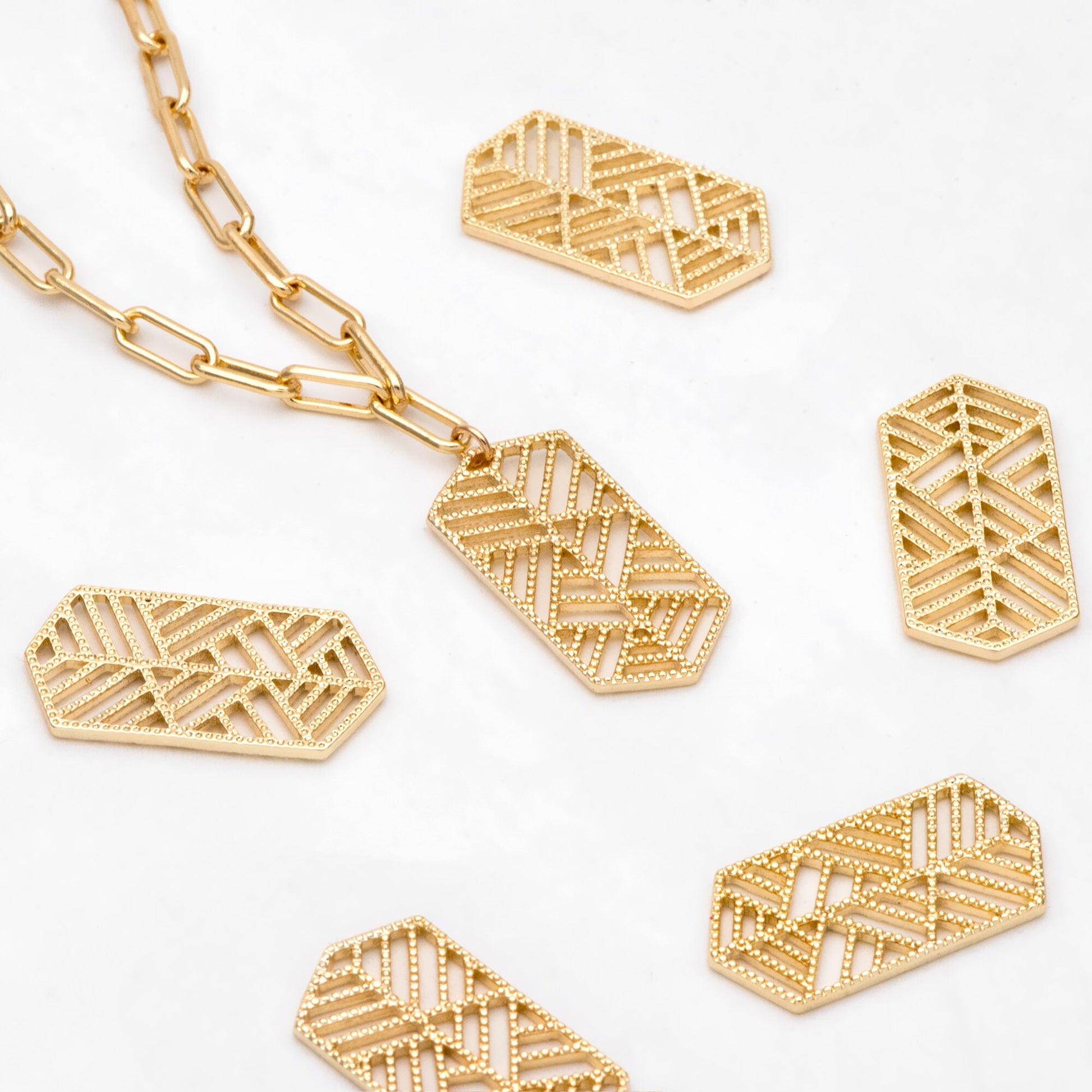 10pcs Gold Filigree Charm Pendants 28mm, 18K Gold plated Brass Geometric Connectors (GB-372)
