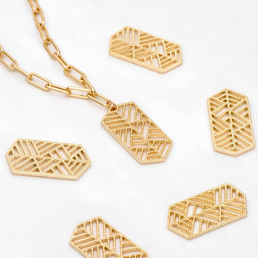 10pcs Gold Filigree Charm Pendants 28mm, 18K Gold plated Brass Geometric Connectors (GB-372)