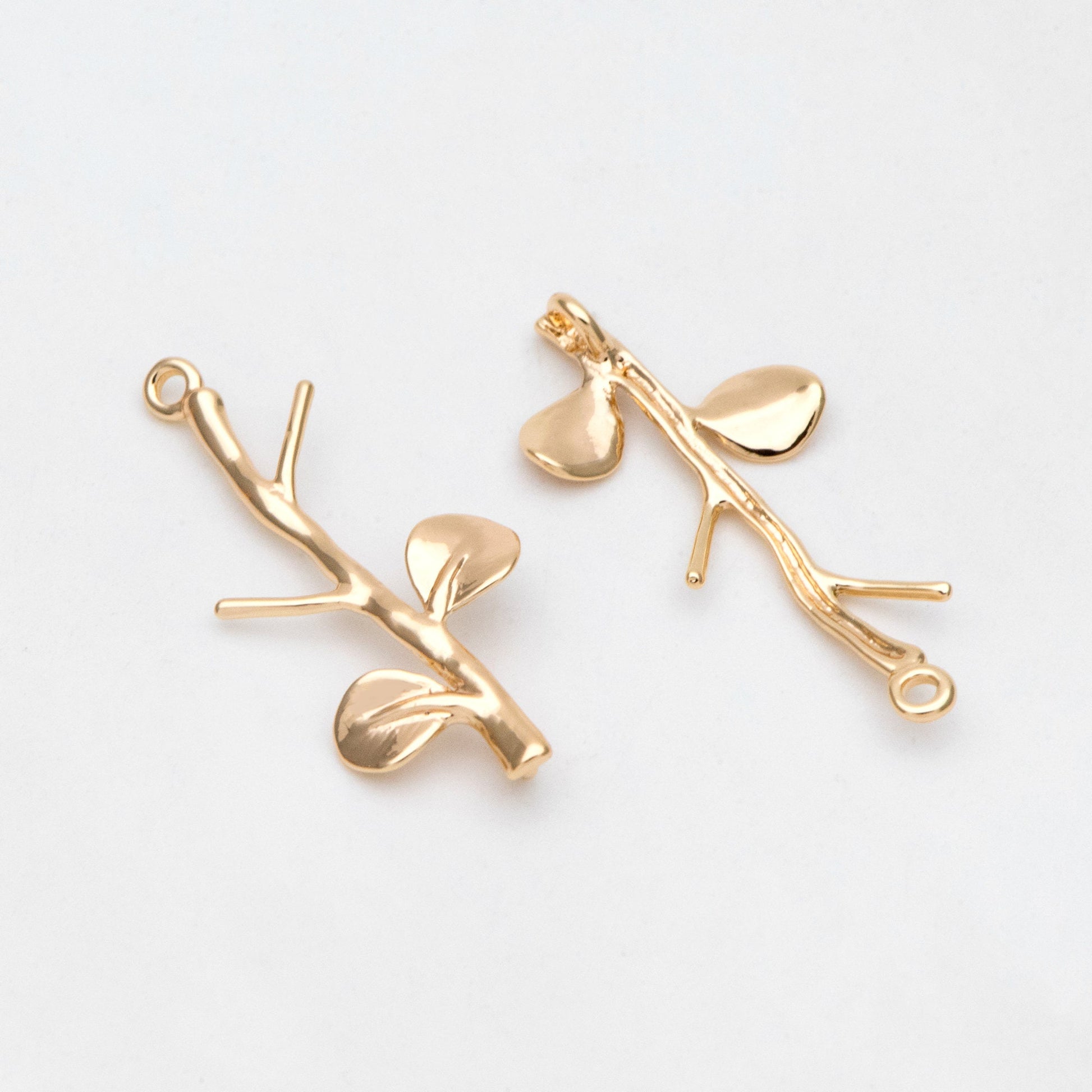 10pcs Gold Leaf Charm Connectors 25x10mm, Real Gold plated Brass, Branch Pendants with Two Loops (GB-3622-A)