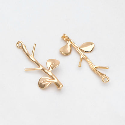 10pcs Gold Leaf Charm Connectors 25x10mm, Real Gold plated Brass, Branch Pendants with Two Loops (GB-3622-A)