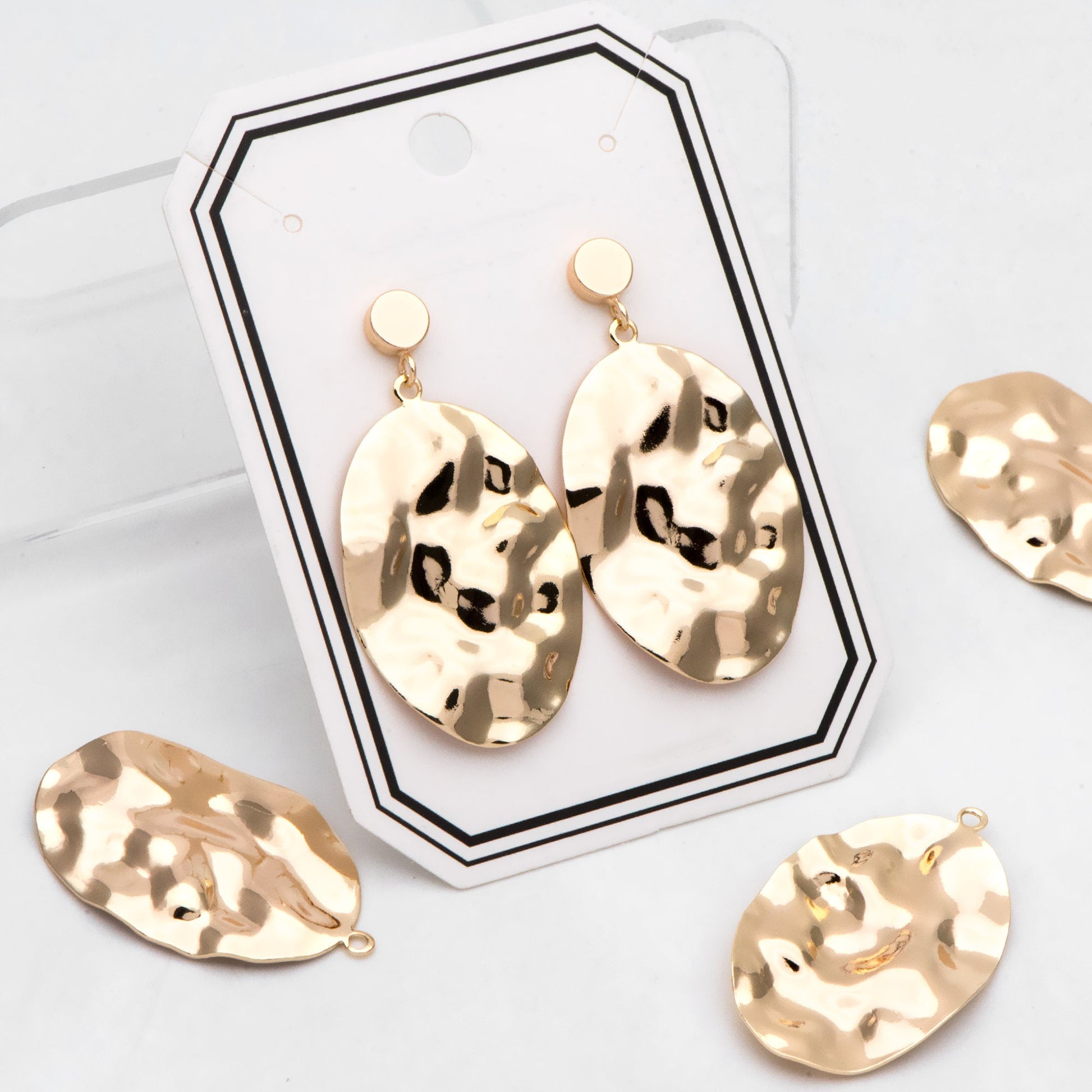 10pcs Hammered Oval Charms 37x23mm, Polished Gold plated Brass Disc Pendants (GB-402-G)