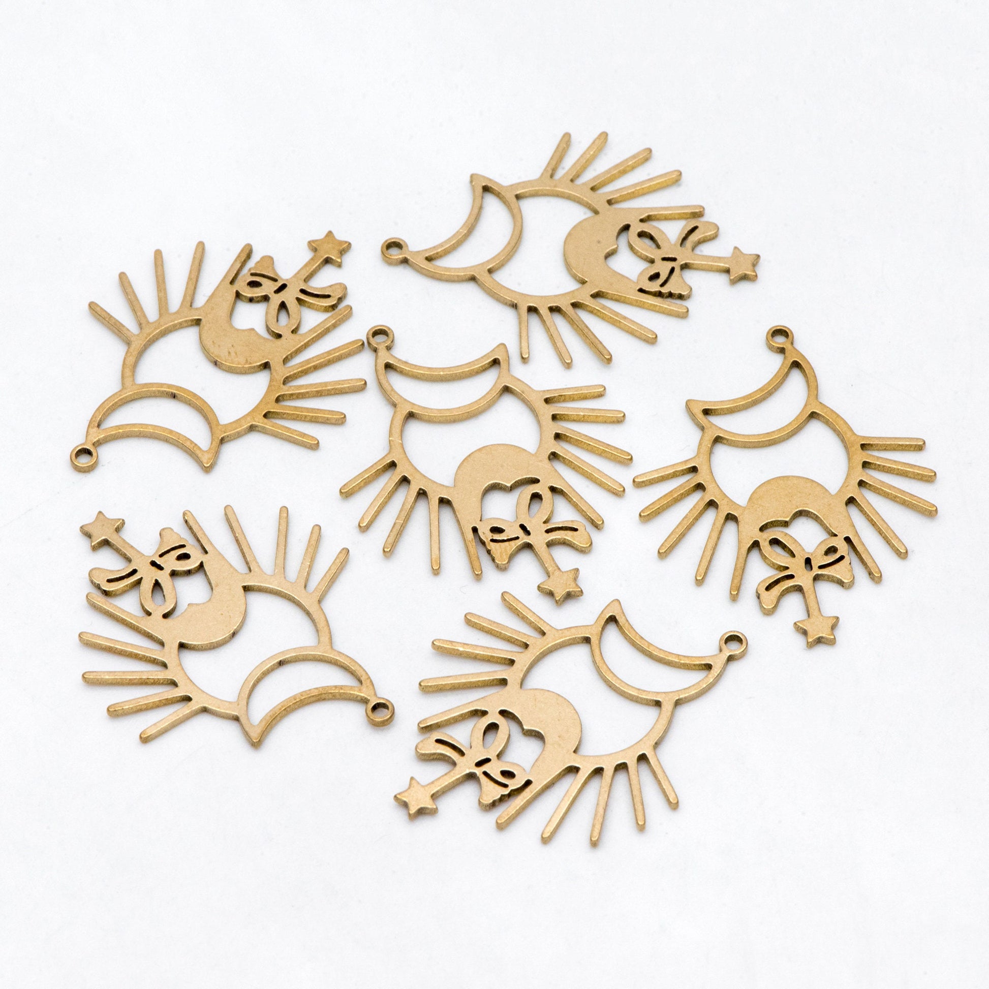 10pcs Raw Brass Sun Moon and Star Charm Pendants, Brass Findings Wholesale (RB-272)