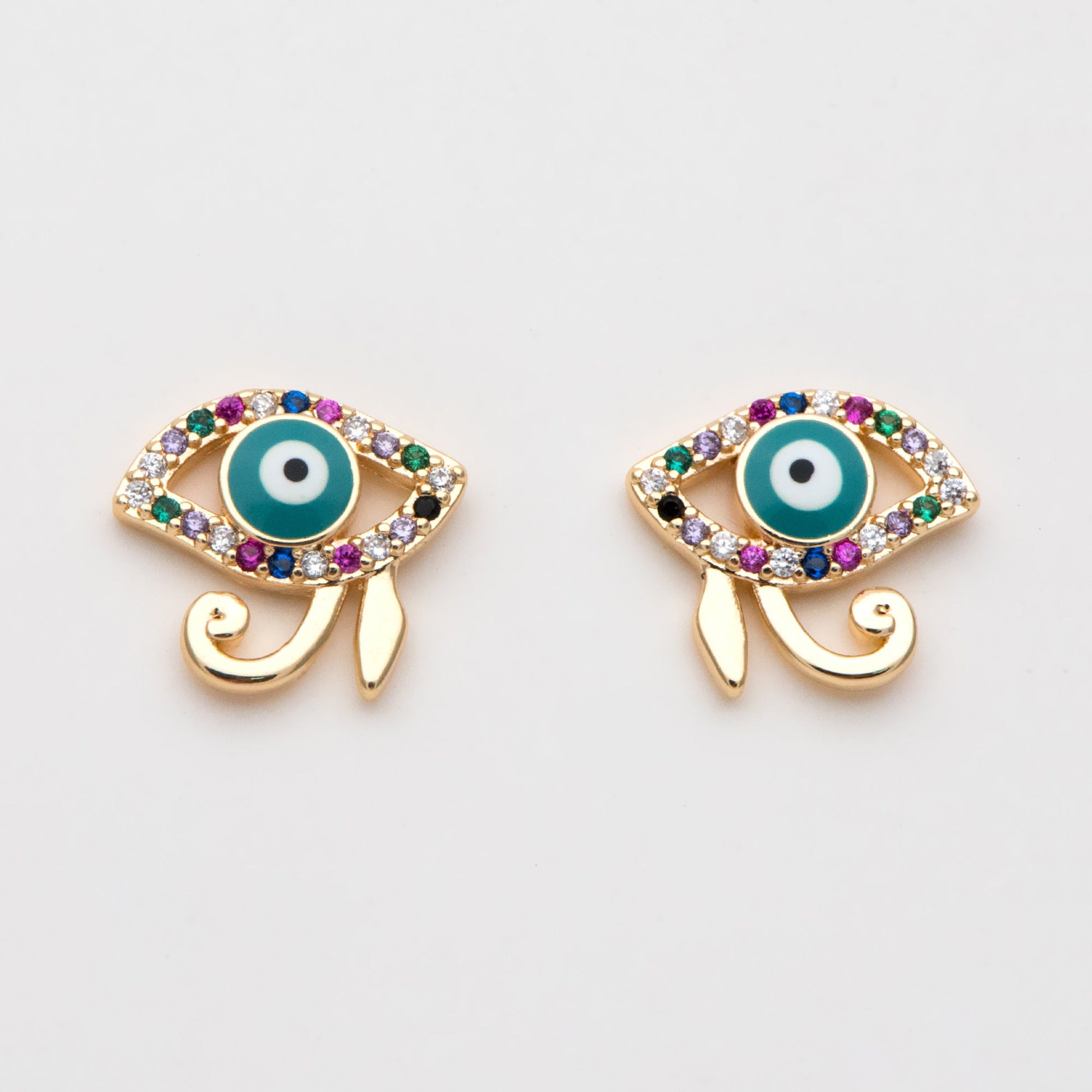 4pcs CZ Paved Evil Eye Earring Stud, Real Gold plated Brass, Enamel Eye Earrings (GB-3025)