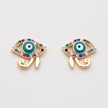 4pcs CZ Paved Evil Eye Earring Stud, Real Gold plated Brass, Enamel Eye Earrings (GB-3025)