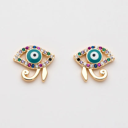 4pcs CZ Paved Evil Eye Earring Stud, Real Gold plated Brass, Enamel Eye Earrings (GB-3025)