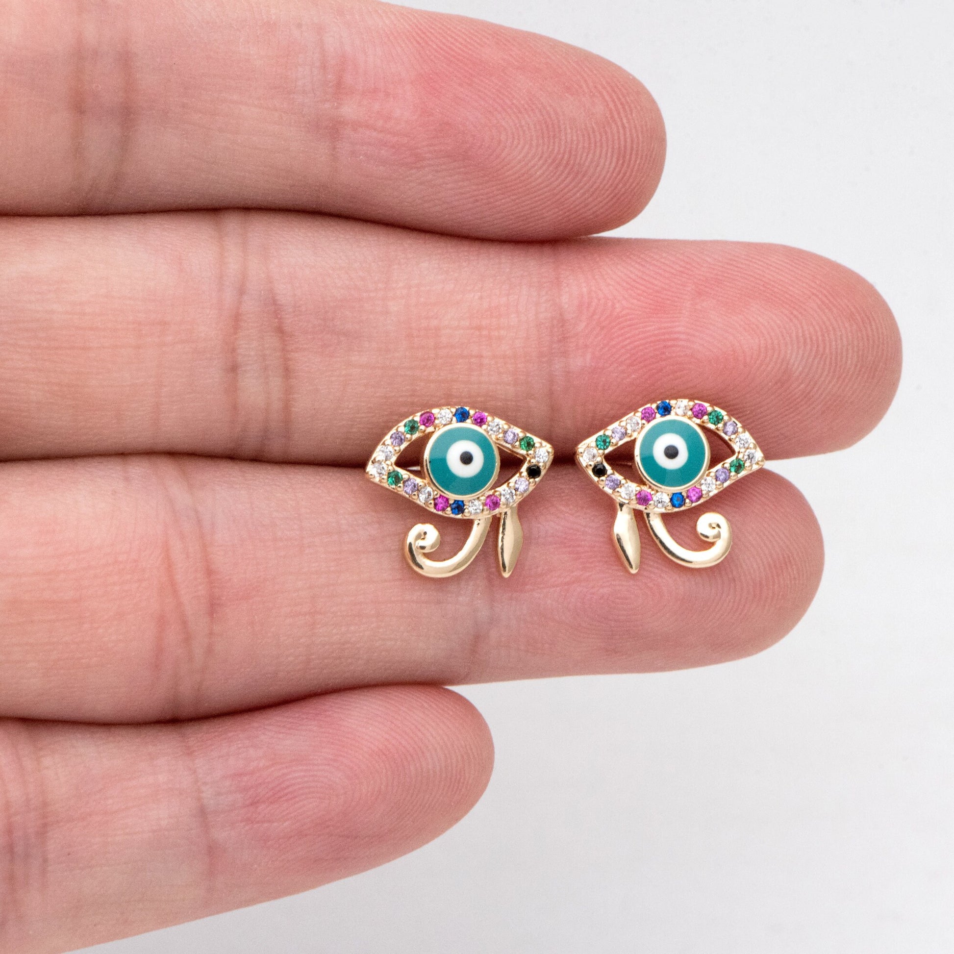4pcs CZ Paved Evil Eye Earring Stud, Real Gold plated Brass, Enamel Eye Earrings (GB-3025)