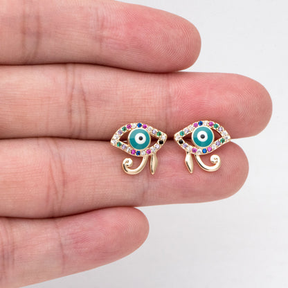 4pcs CZ Paved Evil Eye Earring Stud, Real Gold plated Brass, Enamel Eye Earrings (GB-3025)