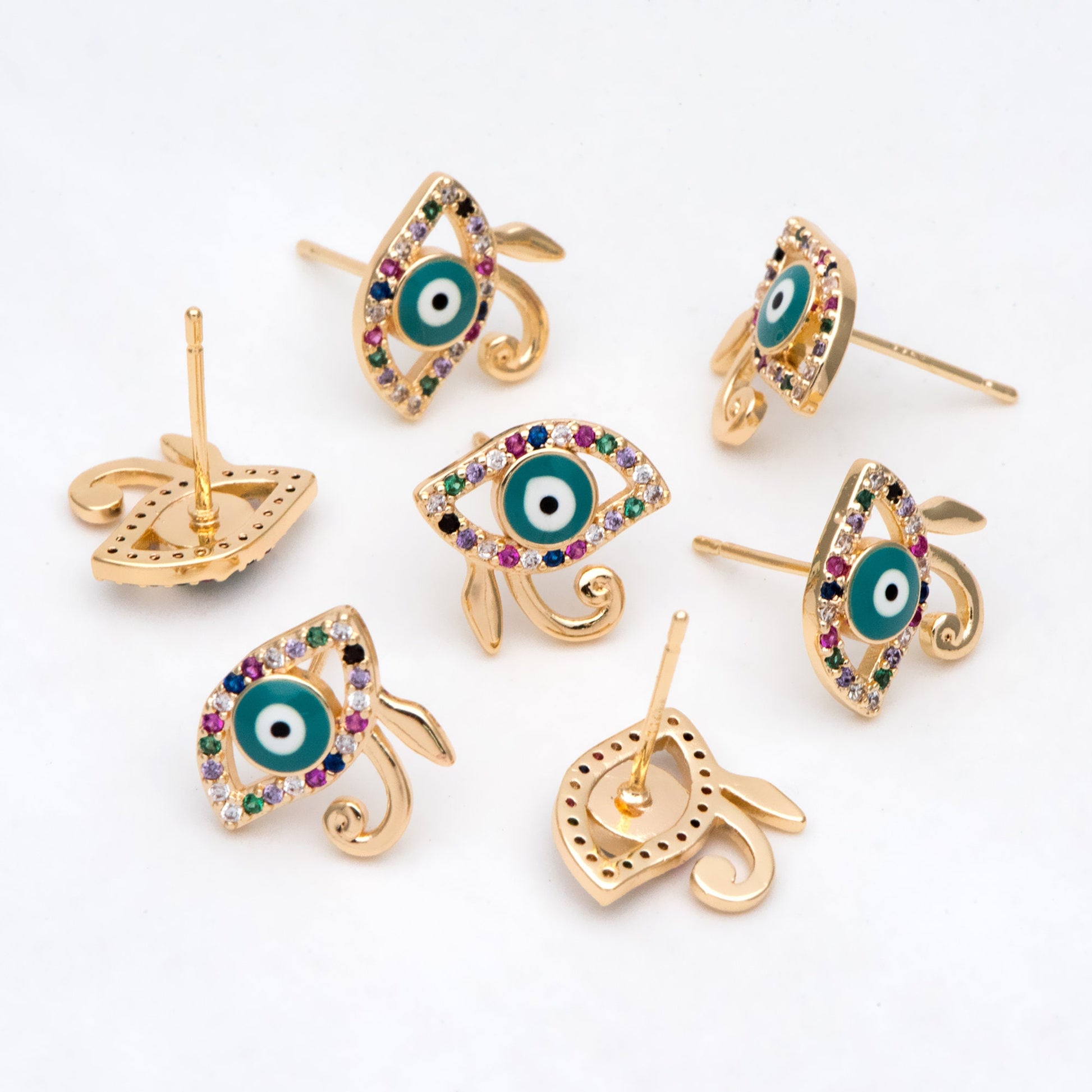 4pcs CZ Paved Evil Eye Earring Stud, Real Gold plated Brass, Enamel Eye Earrings (GB-3025)