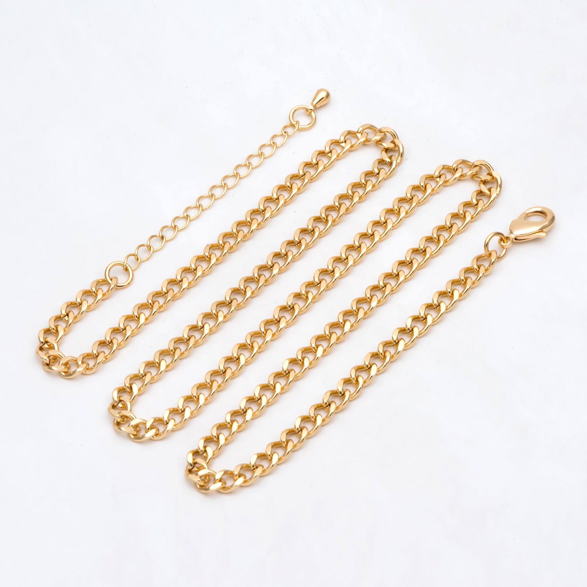 Gold/ Silver Curb Chains, Gold/ Rhodium plated Brass, Finished Bracelet/ Anklet/ Necklace with Extender Chain, Ready to Wear (#LK-429)