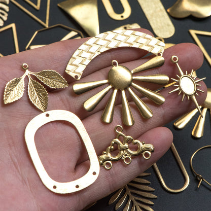 53 pairs- Raw Brass Jewelry Supplies, Brass Charm Pendant Findings, Earring Making Kit for Beginners, FREE Shipping (RB-999)
