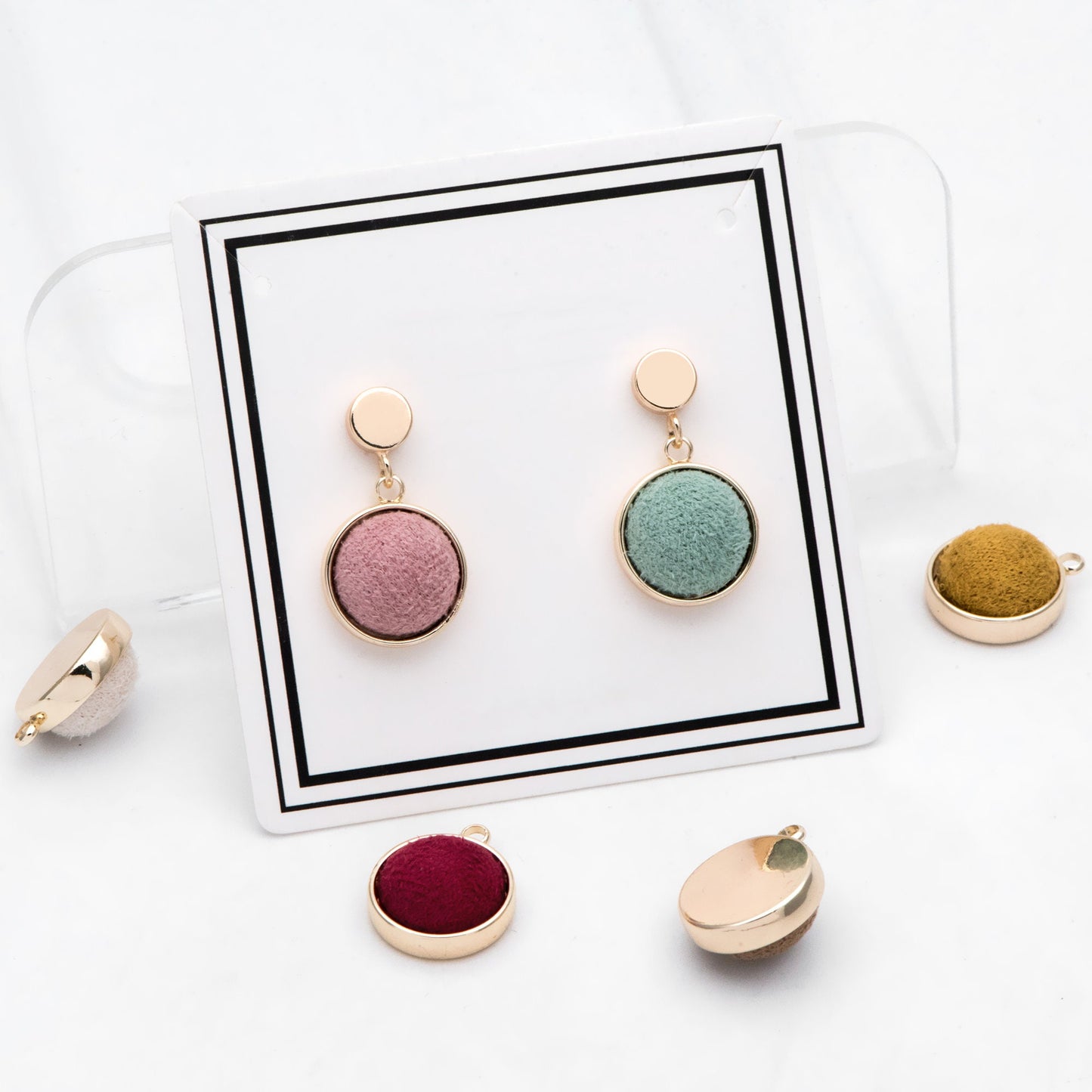 10pcs Gold Bezel Setting with Fabric Half Split Ball, Gold plated Brass Cabochon Earring Charm (GB-3048)