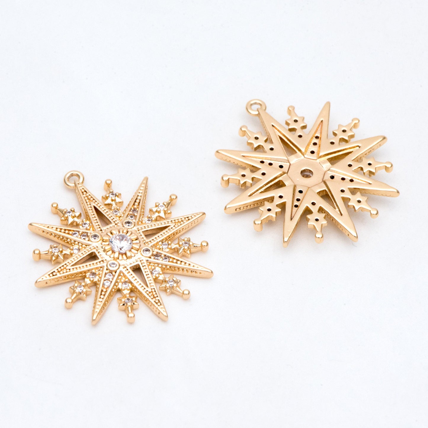 4pcs Gold plated Brass North Star Charms 25x23mm, CZ Paved Star Pendants (GB-1048-M)