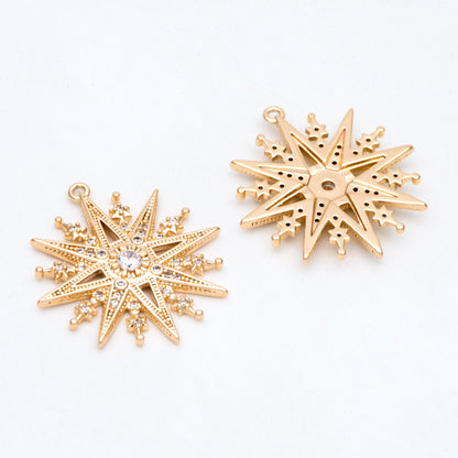 4pcs Gold plated Brass North Star Charms 25x23mm, CZ Paved Star Pendants (GB-1048-M)