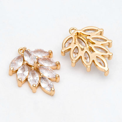 4pcs CZ pave Gold/ Silver Tone Leaf Charms, 18K Gold/ Rhodium plated Brass, 21/ 25mm, Cubic Zirconia Leaf Pendants (GB-3037)