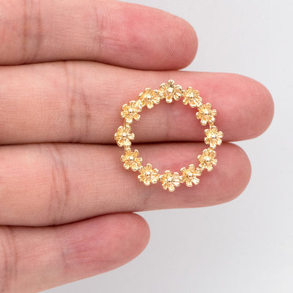 10pcs Gold Flower Garland Charms, 18K Gold plated Brass, Geometric Hoop Circle Pendants (GB-214-G)