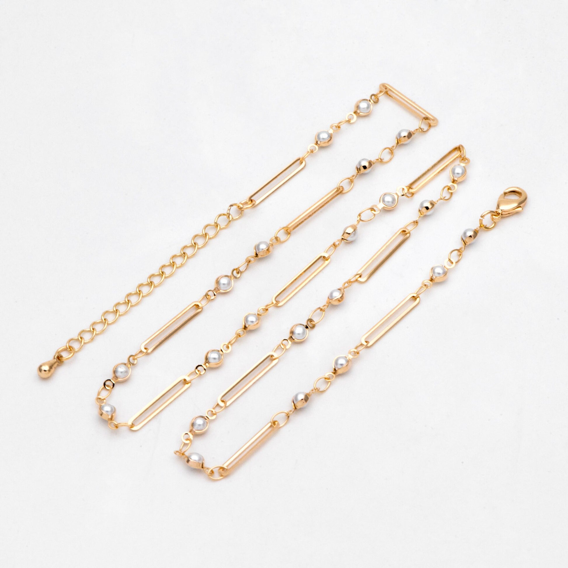 Gold Faux Pearl Chain, Finished Bracelet/ Anklet/ Necklace with Extender Chain, Real 18K Gold Plated, Ready to Wear (#LK-516)