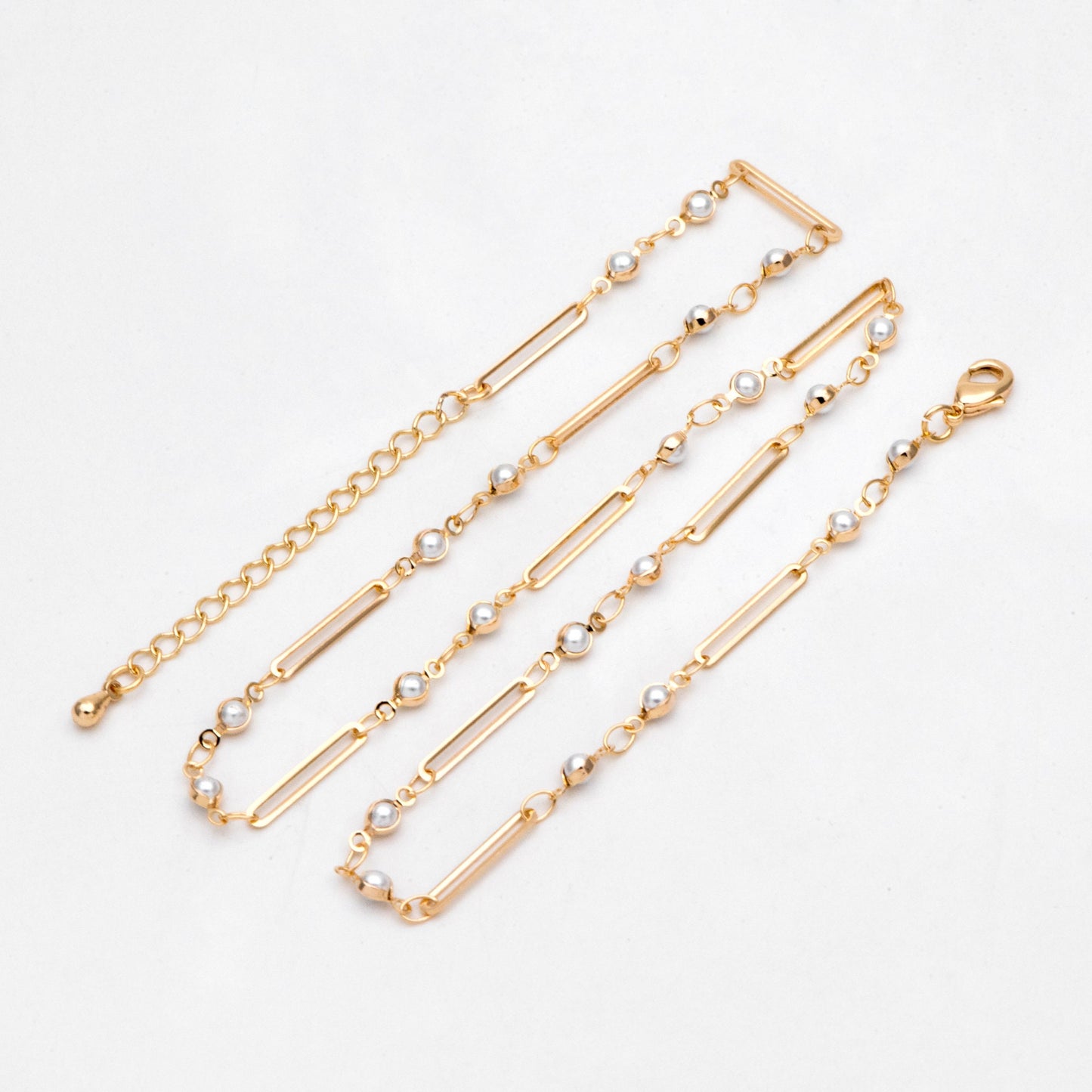 Gold Faux Pearl Chain, Finished Bracelet/ Anklet/ Necklace with Extender Chain, Real 18K Gold Plated, Ready to Wear (#LK-516)