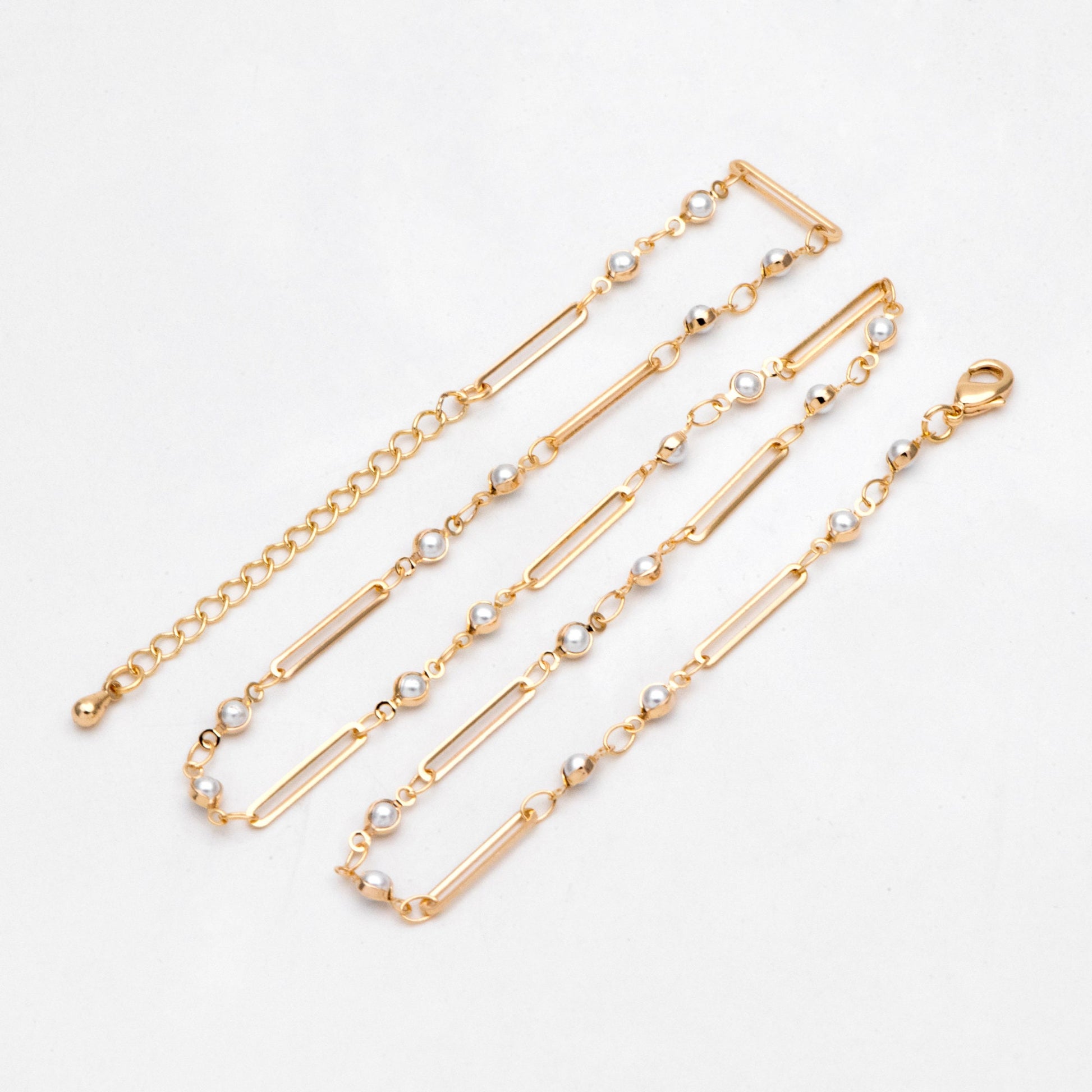Gold Faux Pearl Chain, Finished Bracelet/ Anklet/ Necklace with Extender Chain, Real 18K Gold Plated, Ready to Wear (#LK-516)