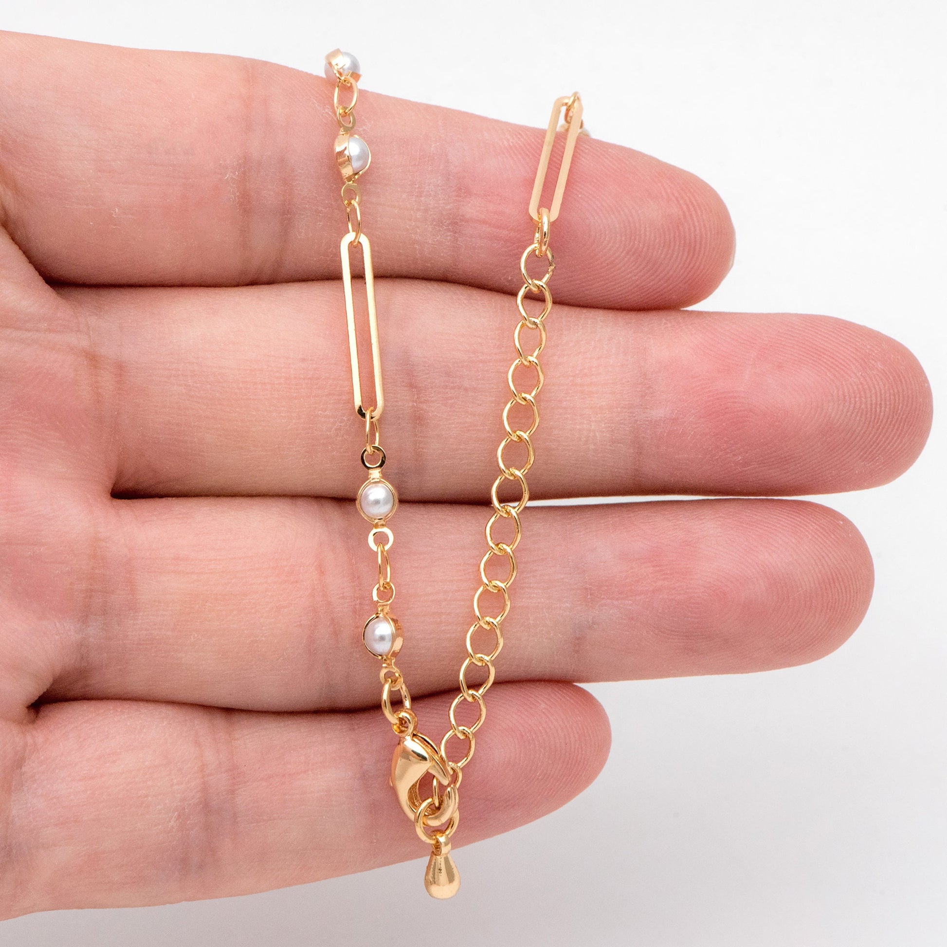 Gold Faux Pearl Chain, Finished Bracelet/ Anklet/ Necklace with Extender Chain, Real 18K Gold Plated, Ready to Wear (#LK-516)