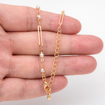 Gold Faux Pearl Chain, Finished Bracelet/ Anklet/ Necklace with Extender Chain, Real 18K Gold Plated, Ready to Wear (#LK-516)