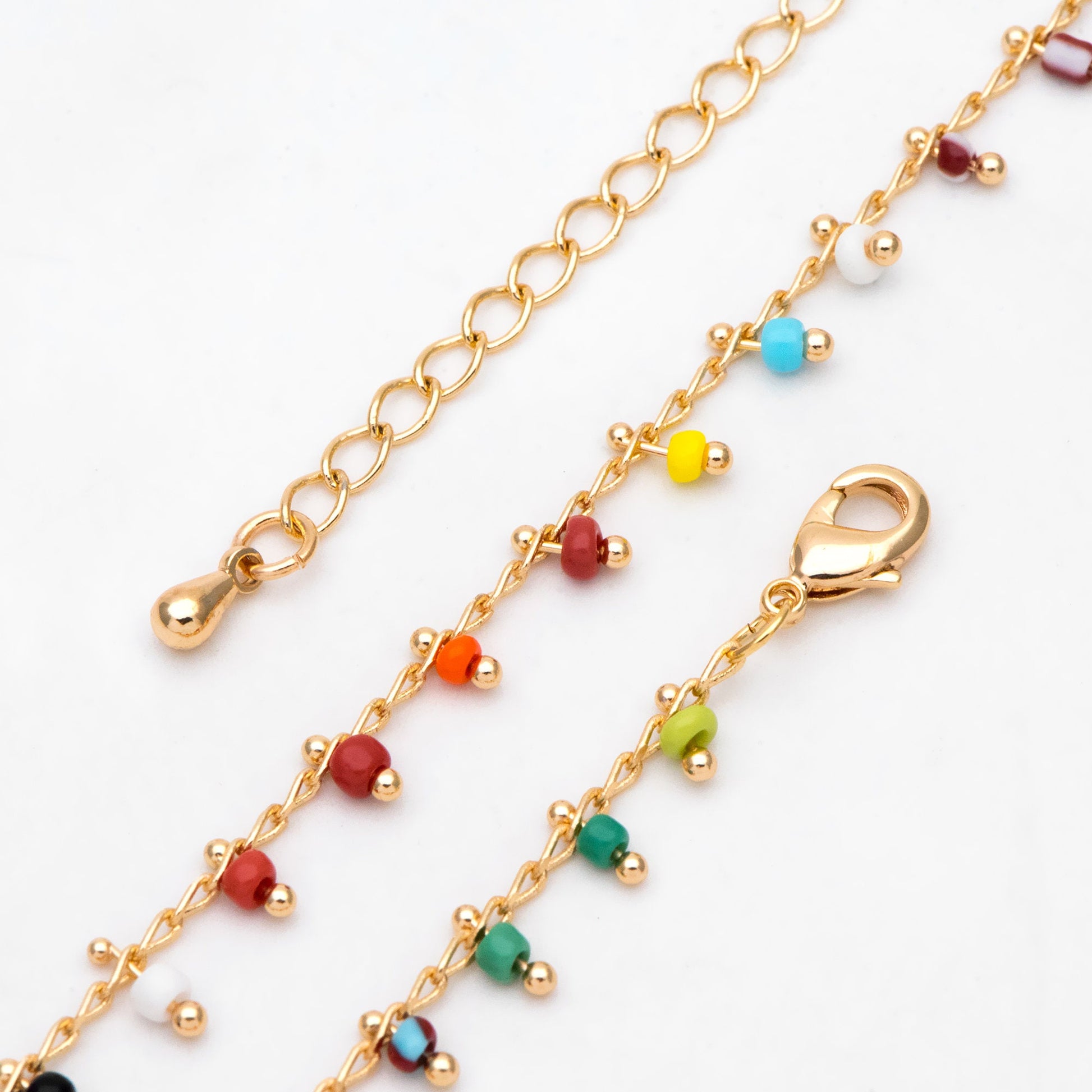 Gold Rainbow Beaded Chain, Finished Bracelet/ Anklet/ Necklace with Extender Chain, Ready to Wear (#LK-201)