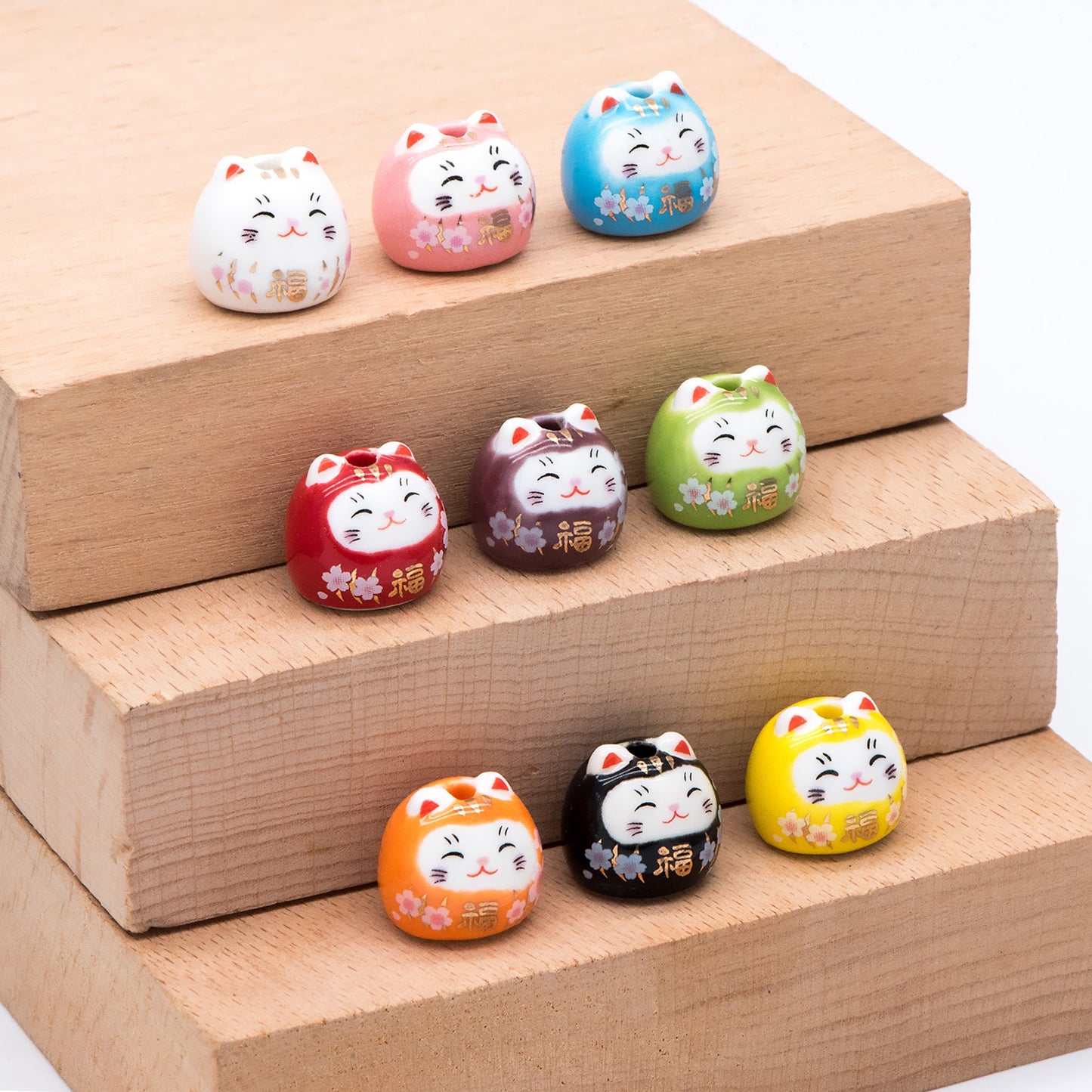 10 beads- Porcelain Lucky Cat beads 14mm, Handmade Ceramic Maneki Neko, Kawaii Animal Beads (TC-159)