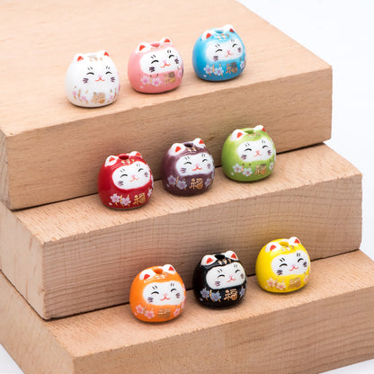 10 beads- Porcelain Lucky Cat beads 14mm, Handmade Ceramic Maneki Neko, Kawaii Animal Beads (TC-159)