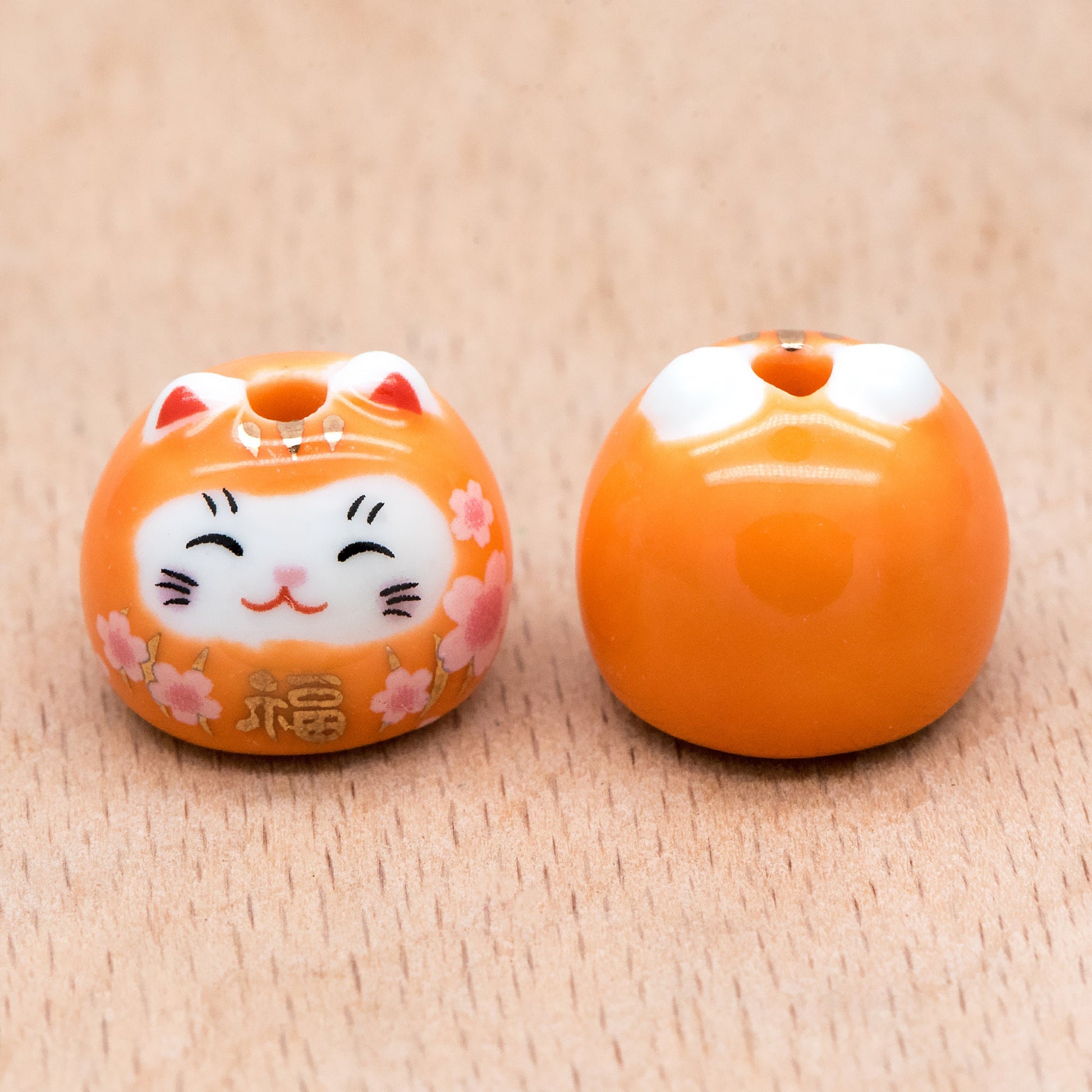 10 beads- Porcelain Lucky Cat beads 14mm, Handmade Ceramic Maneki Neko, Kawaii Animal Beads (TC-159)