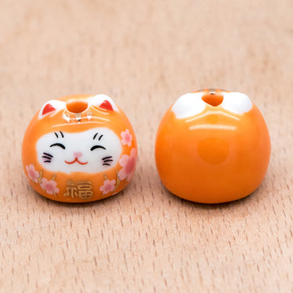 10 beads- Porcelain Lucky Cat beads 14mm, Handmade Ceramic Maneki Neko, Kawaii Animal Beads (TC-159)