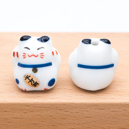 10 beads- Lucky Cat beads 17mm, Handmade Ceramic Maneki Neko, Kawaii Animal Beads, Chinese Character "More Golds" (TC-158)