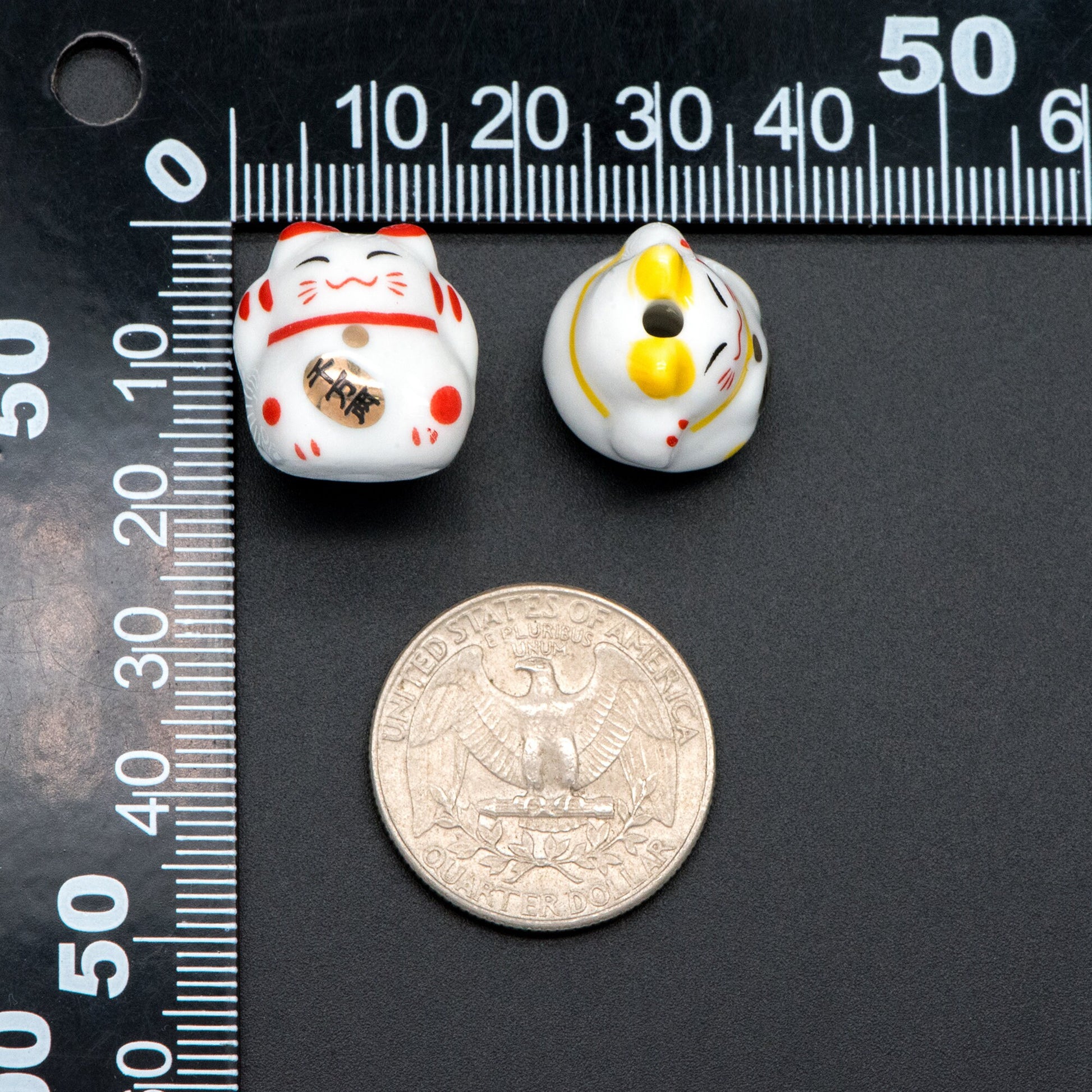 10 beads- Lucky Cat beads 17mm, Handmade Ceramic Maneki Neko, Kawaii Animal Beads, Chinese Character "More Golds" (TC-158)