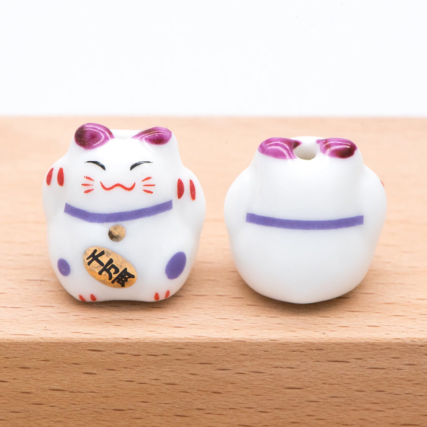 10 beads- Lucky Cat beads 17mm, Handmade Ceramic Maneki Neko, Kawaii Animal Beads, Chinese Character "More Golds" (TC-158)