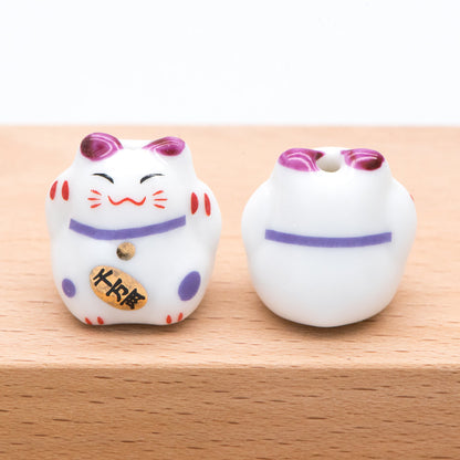 10 beads- Lucky Cat beads 17mm, Handmade Ceramic Maneki Neko, Kawaii Animal Beads, Chinese Character "More Golds" (TC-158)