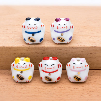 10 beads- Lucky Cat beads 17mm, Handmade Ceramic Maneki Neko, Kawaii Animal Beads, Chinese Character "More Golds" (TC-158)