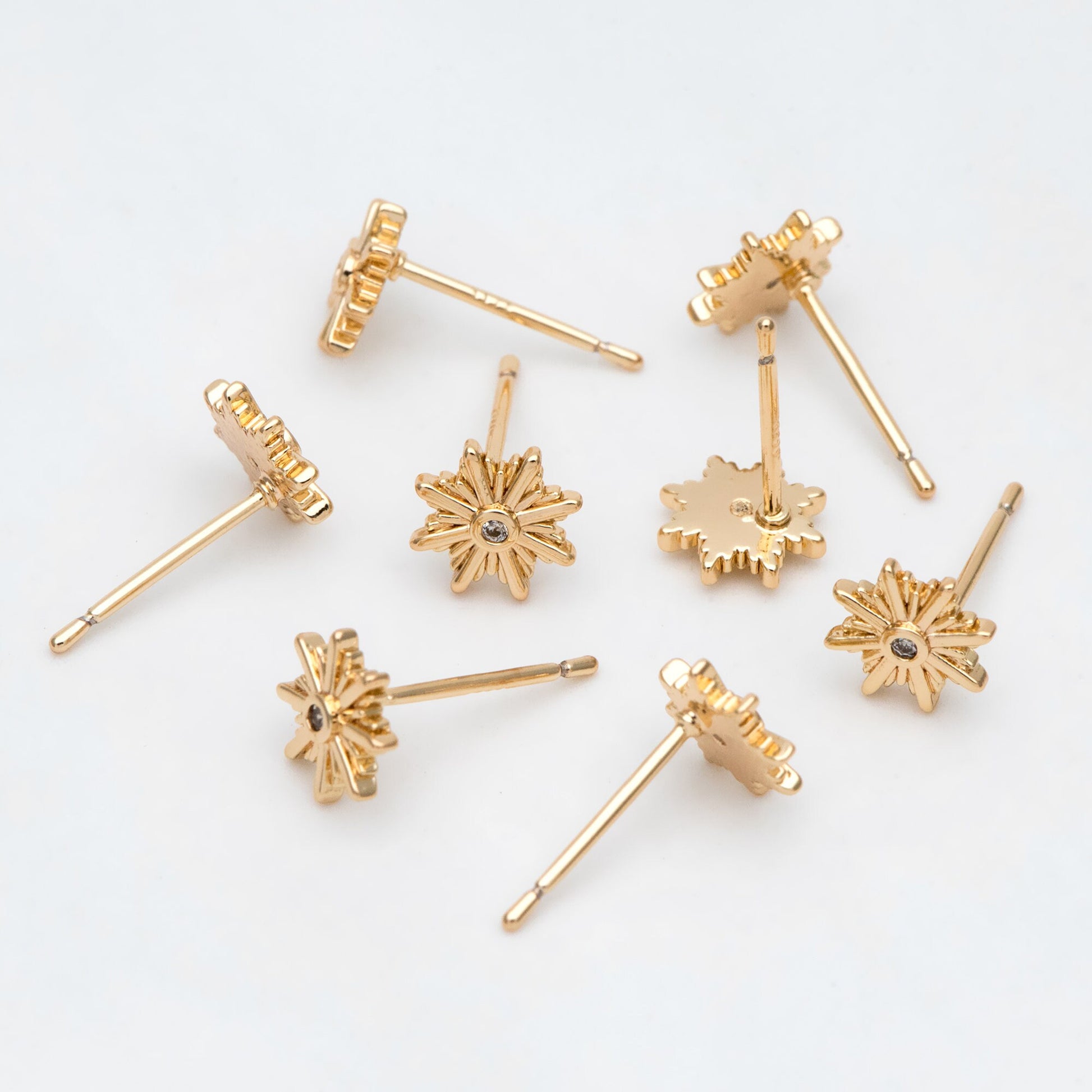 10pcs CZ Pave Gold Sun Ear Post, Real Gold Plated Brass Snowflake Stud Earrings (#GB-3041-M)