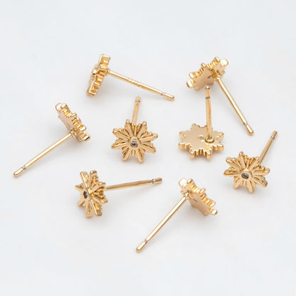 10pcs CZ Pave Gold Sun Ear Post, Real Gold Plated Brass Snowflake Stud Earrings (#GB-3041-M)