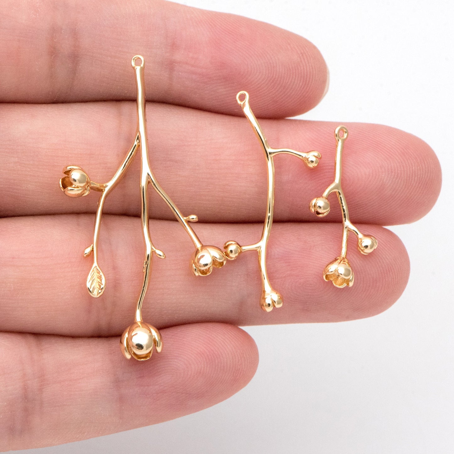 10pcs Gold Flower Branch Charms, Brass Filigree Branche Pendant, Blossom Charm for Jewelry Making (GB-1208)