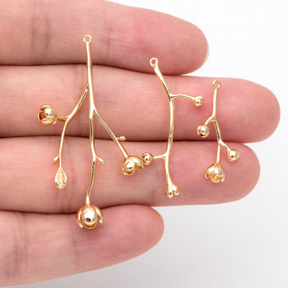 10pcs Gold Flower Branch Charms, Brass Filigree Branche Pendant, Blossom Charm for Jewelry Making (GB-1208)