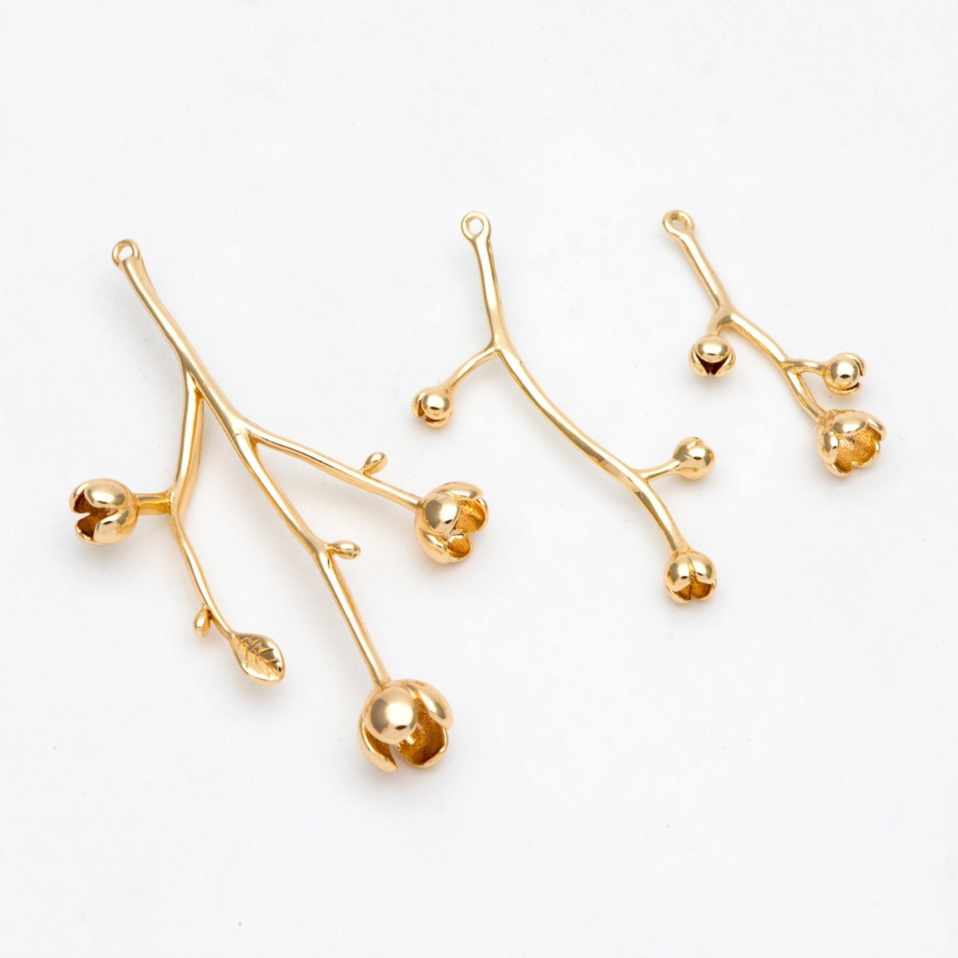 10pcs Gold Flower Branch Charms, Brass Filigree Branche Pendant, Blossom Charm for Jewelry Making (GB-1208)