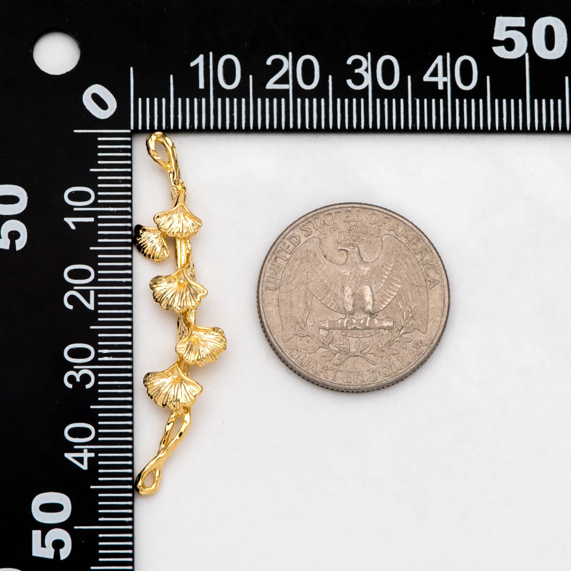 10pcs Gold Ginkgo Leaf Charm Connectors 44x13mm, Real Gold plated Brass, Branch Pendants with Two Loops (GB-3622-J)