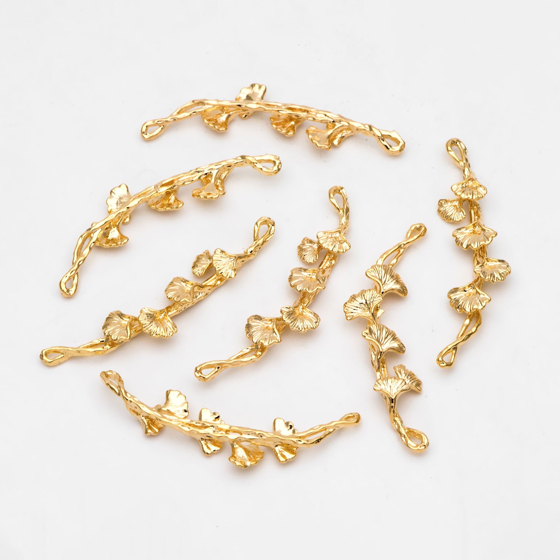10pcs Gold Ginkgo Leaf Charm Connectors 44x13mm, Real Gold plated Brass, Branch Pendants with Two Loops (GB-3622-J)
