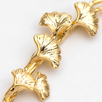 10pcs Gold Ginkgo Leaf Charm Connectors 44x13mm, Real Gold plated Brass, Branch Pendants with Two Loops (GB-3622-J)